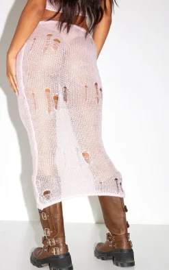 Sale PrettyLittleThing Distressed Open Knit Midi Skirt Baby Pink