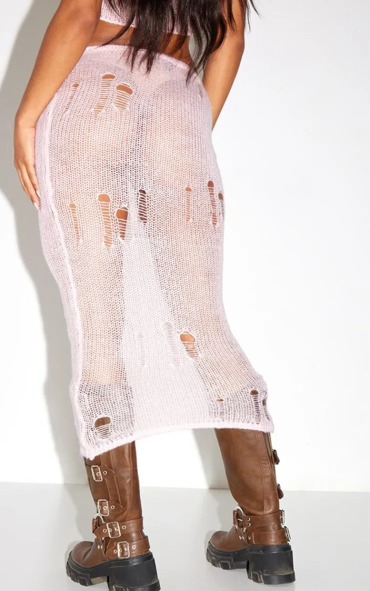 Sale PrettyLittleThing Distressed Open Knit Midi Skirt Baby Pink