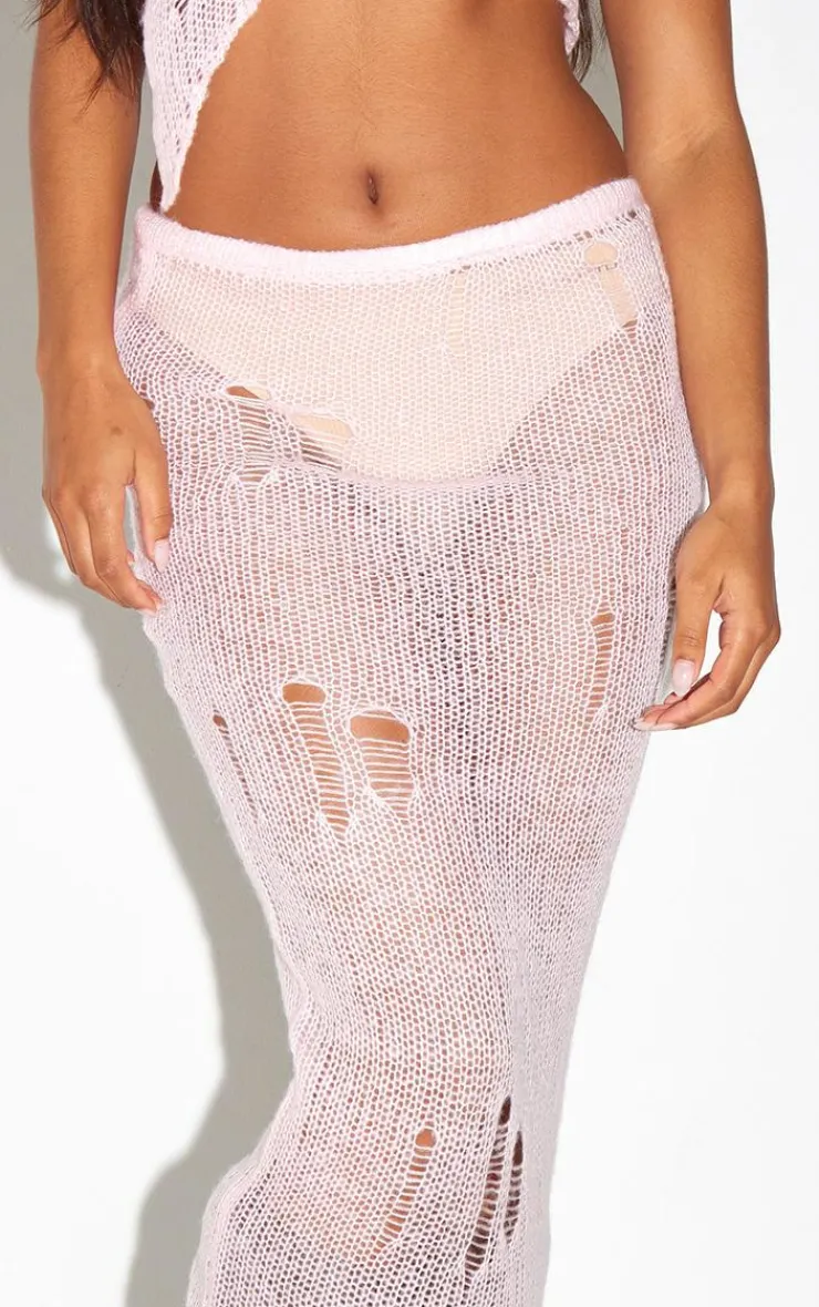 Sale PrettyLittleThing Distressed Open Knit Midi Skirt Baby Pink
