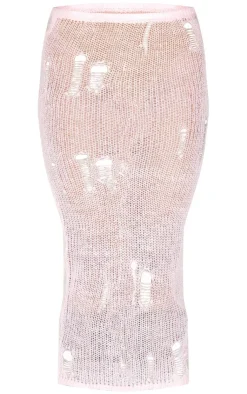 Sale PrettyLittleThing Distressed Open Knit Midi Skirt Baby Pink