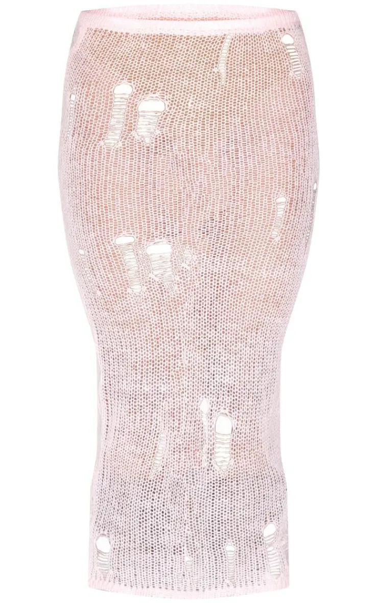 Sale PrettyLittleThing Distressed Open Knit Midi Skirt Baby Pink