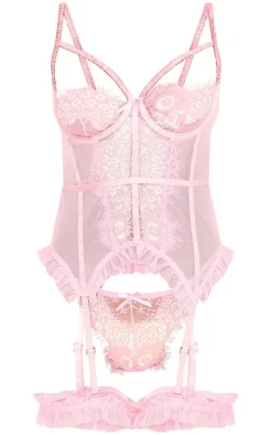 Eyelash Lace Frill Detail Longline Corset Lingerie Set-PrettyLittleThing Best