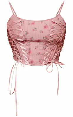 Floral Print Textured Satin Lace Up Corset-PrettyLittleThing New