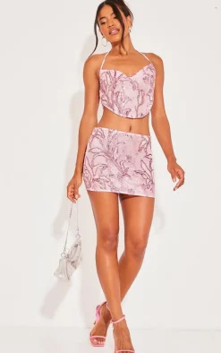 Outlet PrettyLittleThing Floral Sequin Mini Skirt Baby Pink