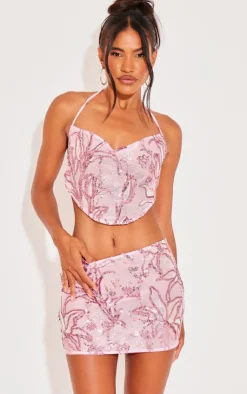 Outlet PrettyLittleThing Floral Sequin Mini Skirt Baby Pink