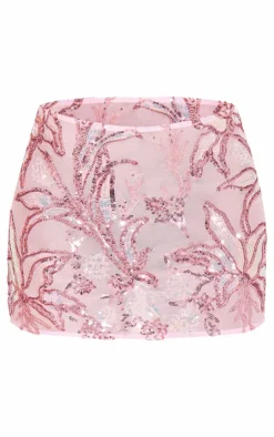 Outlet PrettyLittleThing Floral Sequin Mini Skirt Baby Pink