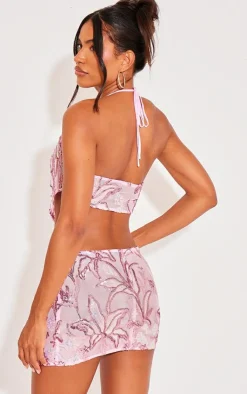Clearance PrettyLittleThing Floral Sequin Strappy Crop Top Baby Pink
