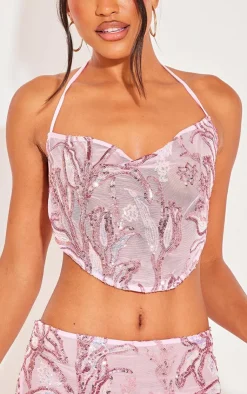 Clearance PrettyLittleThing Floral Sequin Strappy Crop Top Baby Pink
