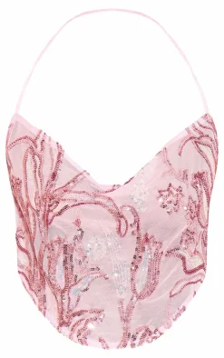 Clearance PrettyLittleThing Floral Sequin Strappy Crop Top Baby Pink