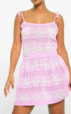 Baby Pink Flower Crochet Floaty Dress