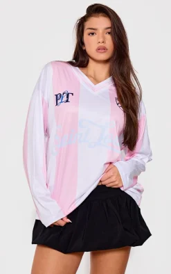 PrettyLittleThing T-Shirts*Logo Sports Stripped Long Sleeve Jersey