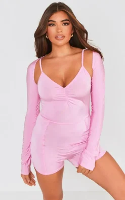 Baby Pink Open Back Romper With Bolero