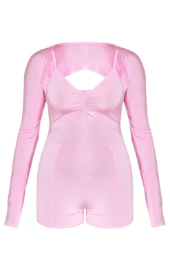 Baby Pink Open Back Romper With Bolero