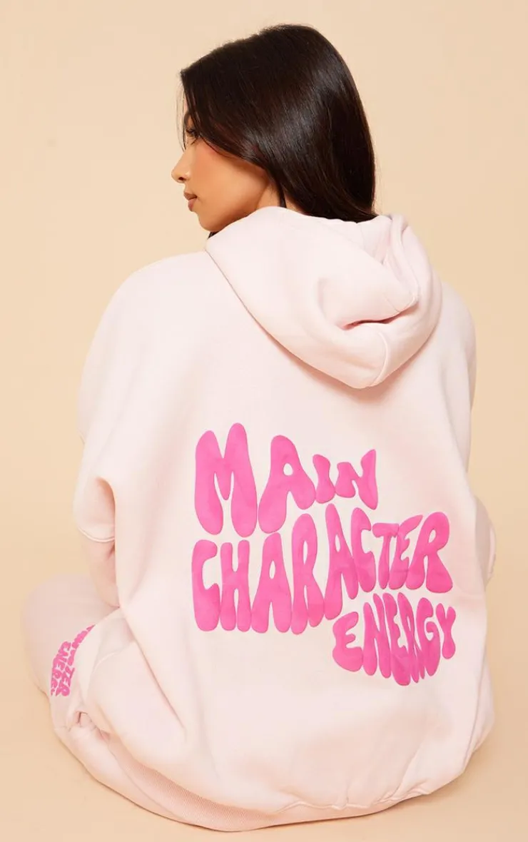 Discount PrettyLittleThing Oversized Main Character Energy Puff Print Hoodie Baby Pink