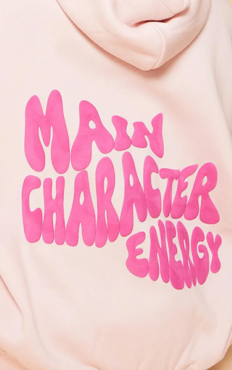 Discount PrettyLittleThing Oversized Main Character Energy Puff Print Hoodie Baby Pink