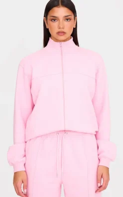 Online PrettyLittleThing Seam Detail Zip Through High Neck Sweatshirt Baby Pink