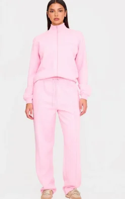 Online PrettyLittleThing Seam Detail Zip Through High Neck Sweatshirt Baby Pink