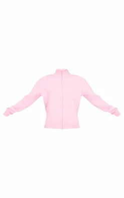 Online PrettyLittleThing Seam Detail Zip Through High Neck Sweatshirt Baby Pink