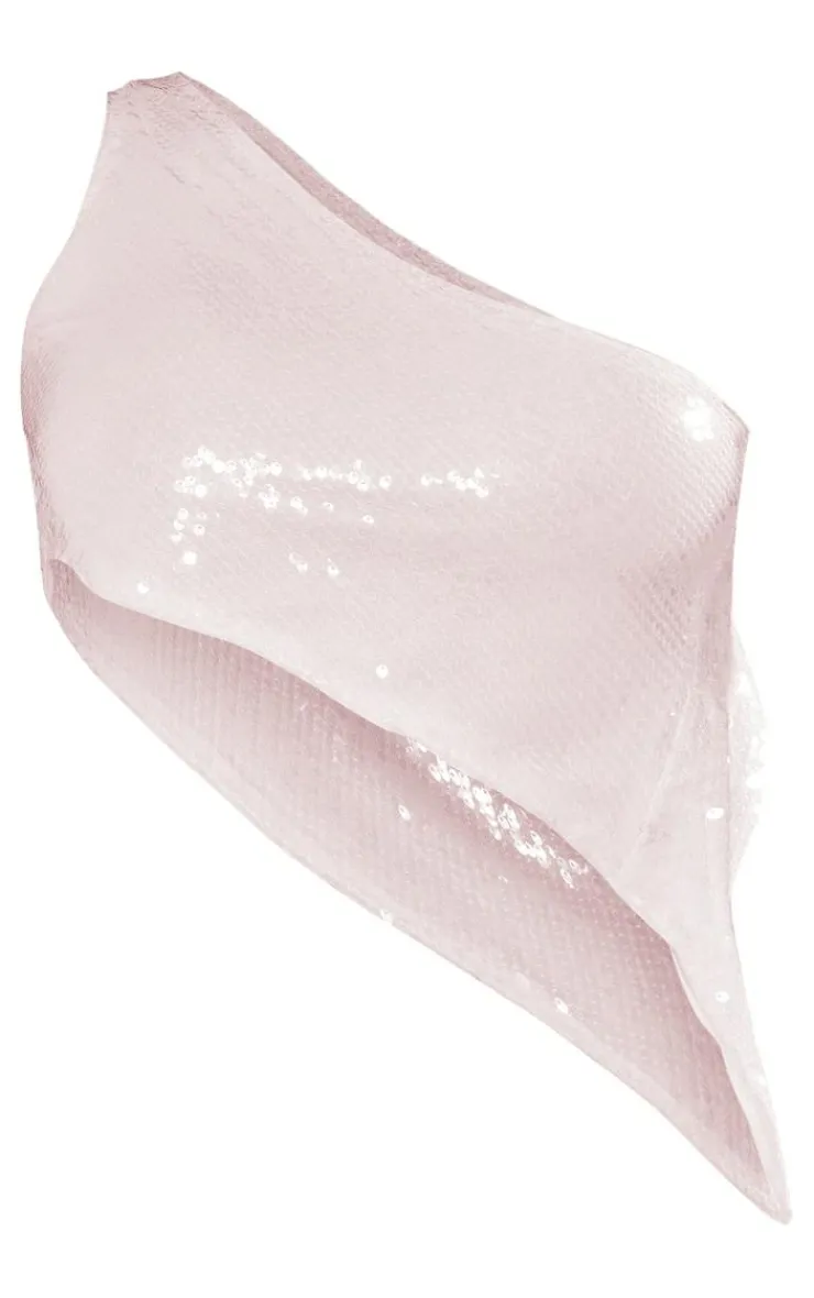 Discount PrettyLittleThing Sequin Asymmetric Hem Tie Back Top Baby Pink