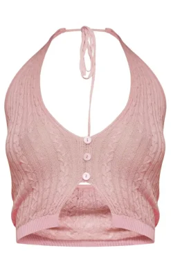 Online PrettyLittleThing Sheer Knit Halterneck Crop Top Baby Pink
