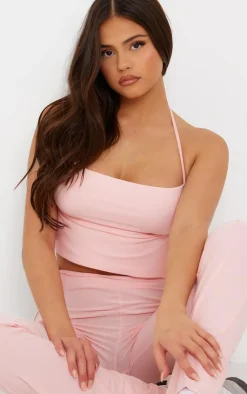 PrettyLittleThing Soft Touch Ruched Tie Back Halterneck Top Baby Pink