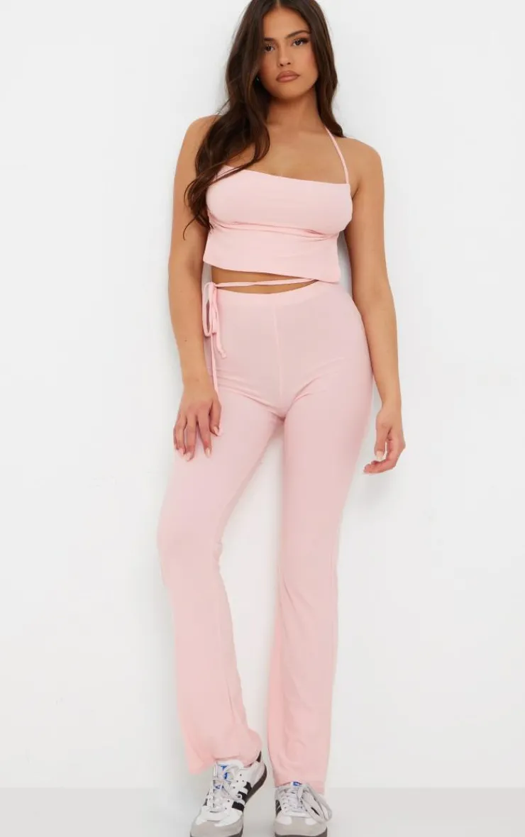 PrettyLittleThing Soft Touch Ruched Tie Back Halterneck Top Baby Pink