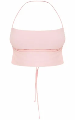 PrettyLittleThing Soft Touch Ruched Tie Back Halterneck Top Baby Pink