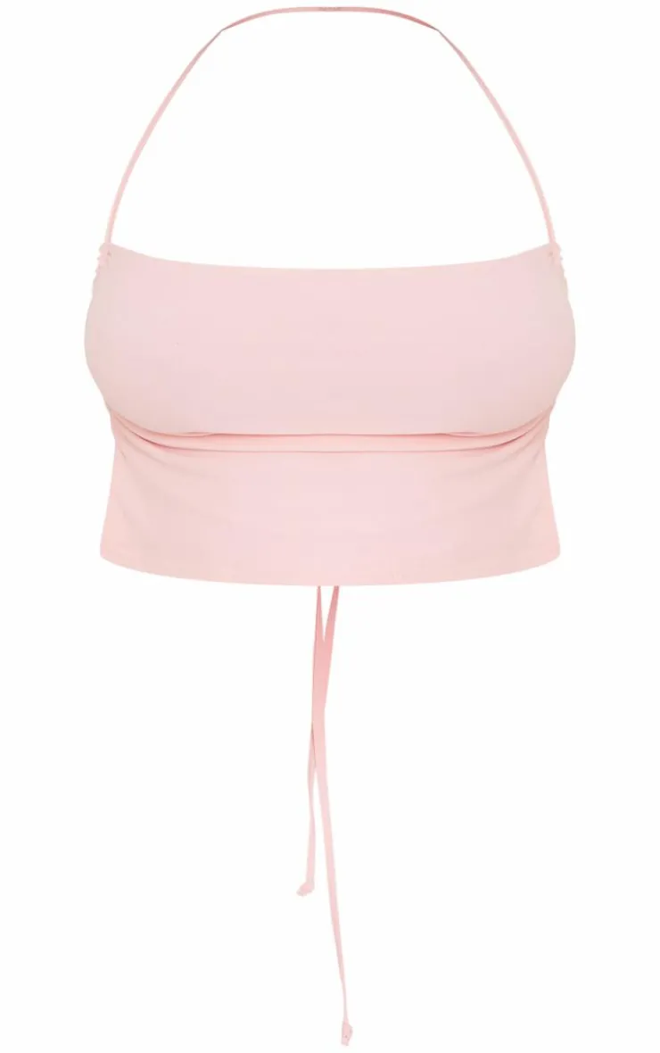PrettyLittleThing Soft Touch Ruched Tie Back Halterneck Top Baby Pink