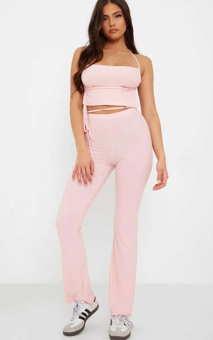 Sale PrettyLittleThing Soft Touch Tie Waist Straight Leg Pants Baby Pink