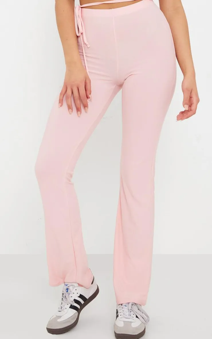 Sale PrettyLittleThing Soft Touch Tie Waist Straight Leg Pants Baby Pink