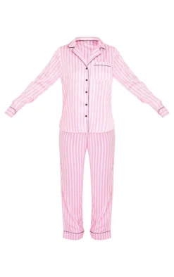 PrettyLittleThing Christmas Pajamas*Baby Stripe Print Contrast Piping Satin Long PJ Set