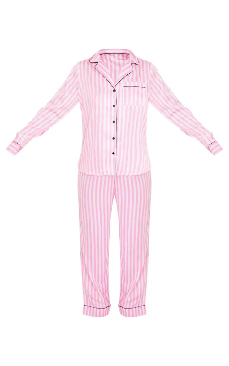 PrettyLittleThing Christmas Pajamas*Baby Stripe Print Contrast Piping Satin Long PJ Set