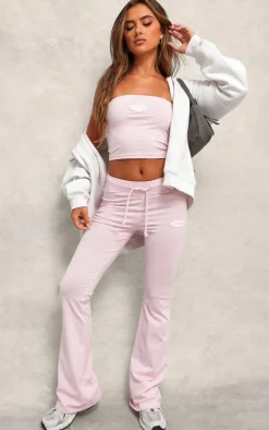 Discount PrettyLittleThing Studio Badge Detail Drawstring Flared Pants Baby Pink