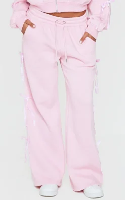 Discount PrettyLittleThing Velvet Bow Wide Leg Sweatpants Baby Pink