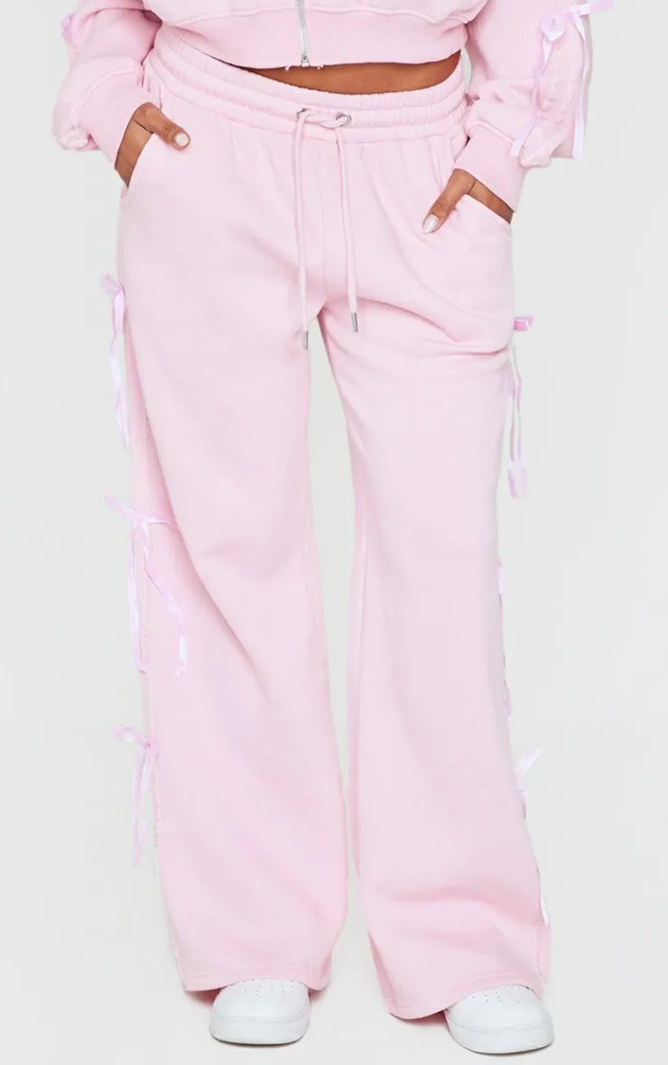 Discount PrettyLittleThing Velvet Bow Wide Leg Sweatpants Baby Pink