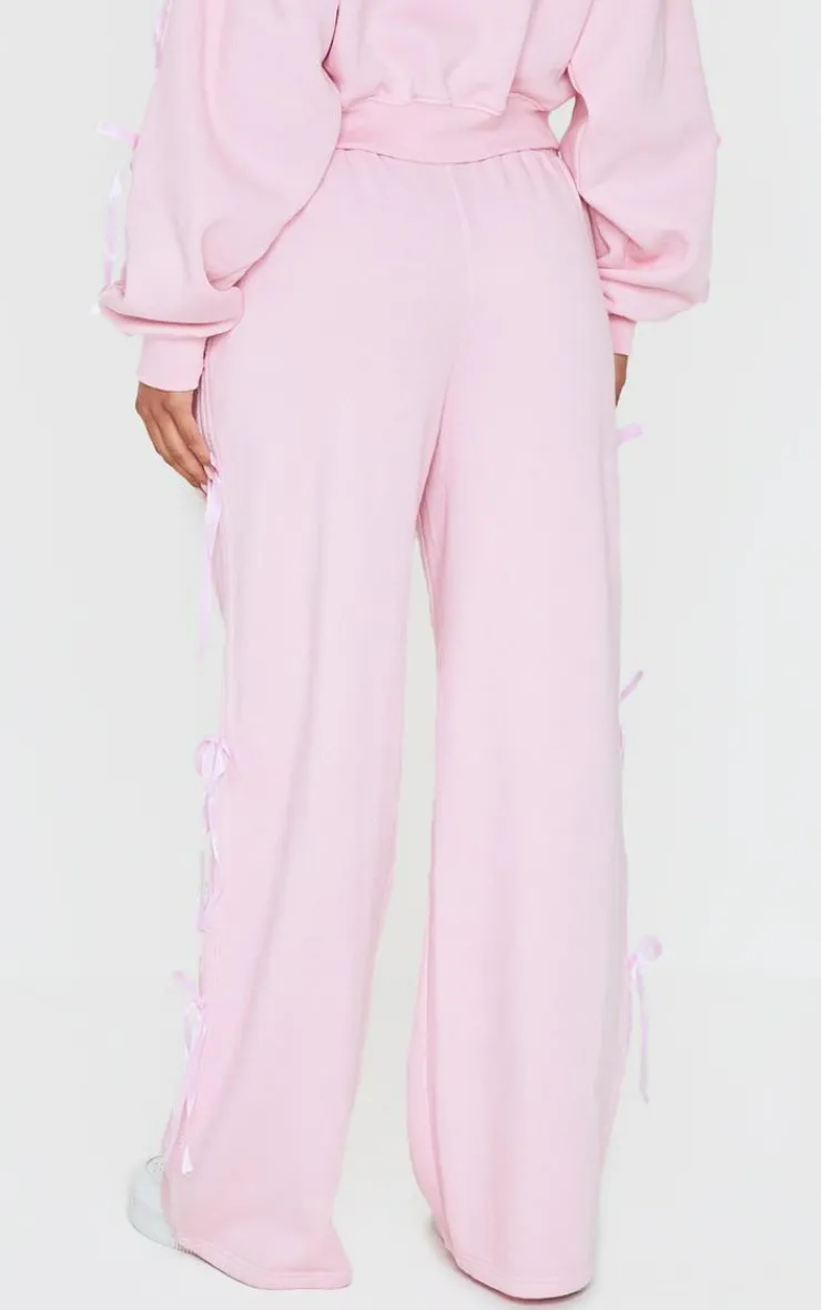 Discount PrettyLittleThing Velvet Bow Wide Leg Sweatpants Baby Pink