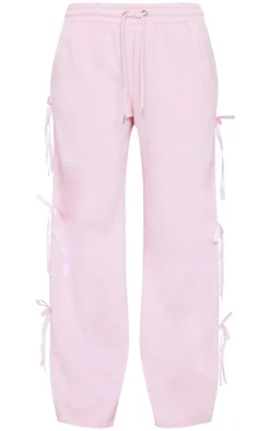 Discount PrettyLittleThing Velvet Bow Wide Leg Sweatpants Baby Pink