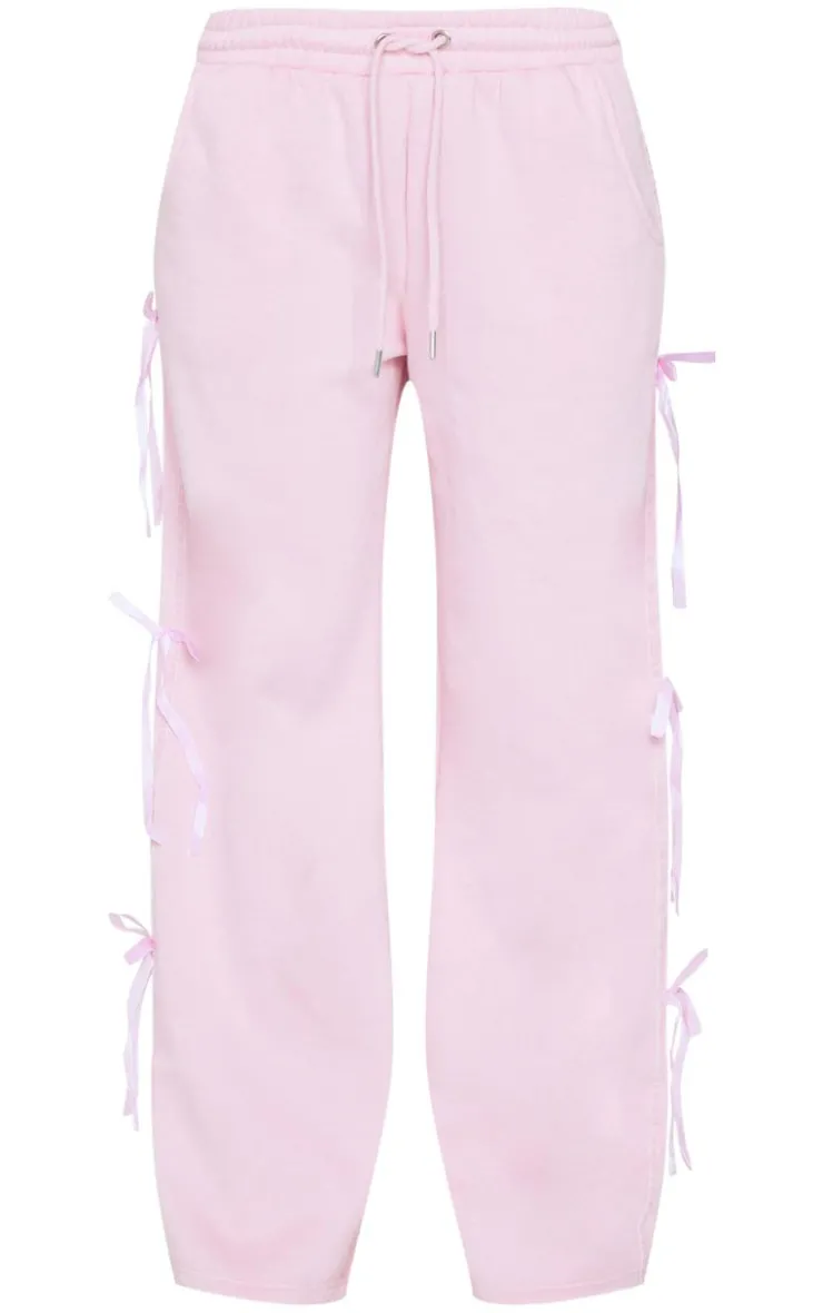 Discount PrettyLittleThing Velvet Bow Wide Leg Sweatpants Baby Pink