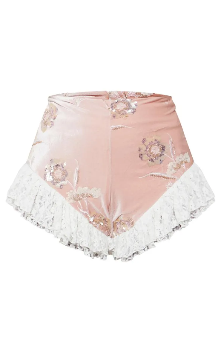 Velvet Embellished Frill Detail Bloomer Shorts-PrettyLittleThing Online