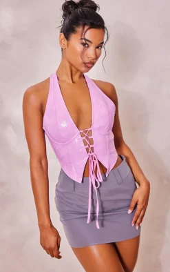 Washed Faux Leather Lace Up Plunge Halter Neck Top-PrettyLittleThing New