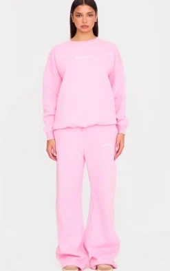 PrettyLittleThing Gym Wear*Pink Embroidered Drawstring Waist Wide Leg Sweatpants