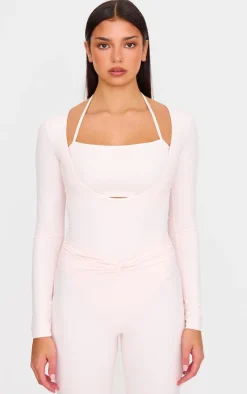 PrettyLittleThing Gym Wear*Pink Sculpt Tie Detail Long Sleeve Bodysuit