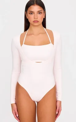 PrettyLittleThing Gym Wear*Pink Sculpt Tie Detail Long Sleeve Bodysuit