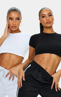 PrettyLittleThing T-Shirts*Basic & White Cotton Blend Roll Sleeve Crop T Shirt 2 Pack