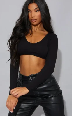 PrettyLittleThing Basic Tops*Basic Cotton Blend Long Sleeve Deep V Crop Top