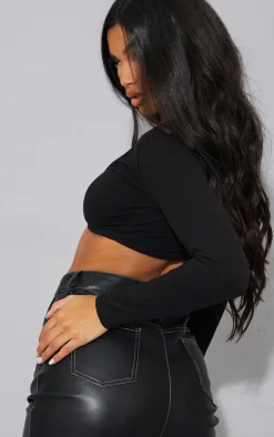 PrettyLittleThing Basic Tops*Basic Cotton Blend Long Sleeve Deep V Crop Top