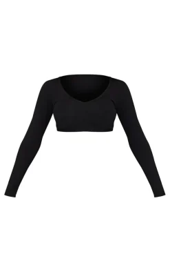 PrettyLittleThing Basic Tops*Basic Cotton Blend Long Sleeve Deep V Crop Top