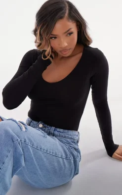 PrettyLittleThing Basic Tops*Basic Cotton Blend Plunge Long Sleeve Bodysuit