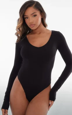 PrettyLittleThing Basic Tops*Basic Cotton Blend Plunge Long Sleeve Bodysuit