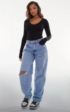 PrettyLittleThing Basic Tops*Basic Cotton Blend Plunge Long Sleeve Bodysuit